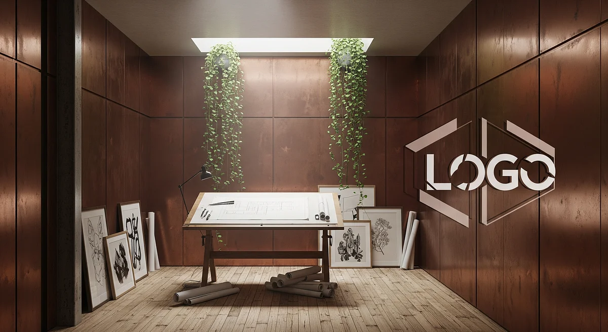 Verdant Copperleaf Drafting Room Branded Virtual Office Background with Company Logo - Creative