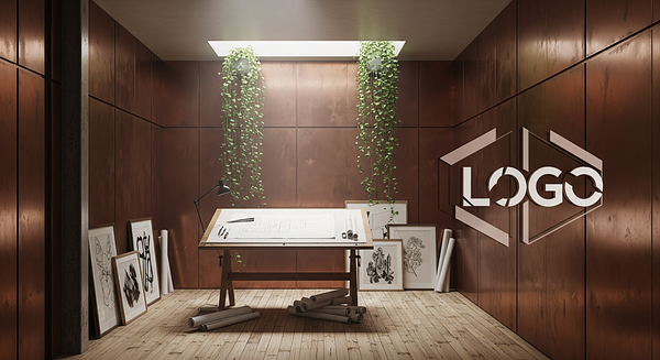 Verdant Copperleaf Drafting Room Branded Virtual Office Background with Company Logo - Creative