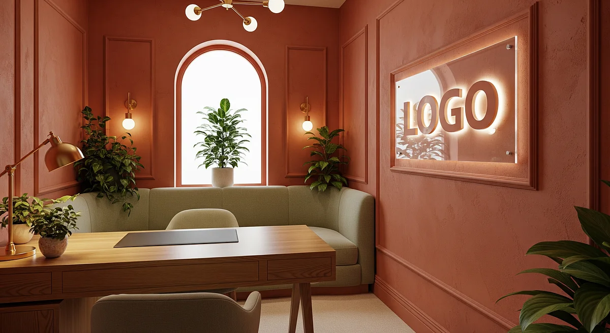 Verdant Terracotta Consultancy Nook Branded Virtual Office Background with Company Logo - Consulting